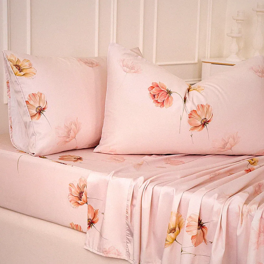 Blush Pink Floral Bed Sheets 100% Cotton Queen Size Set Satin Weave 4Pcs, Apr...