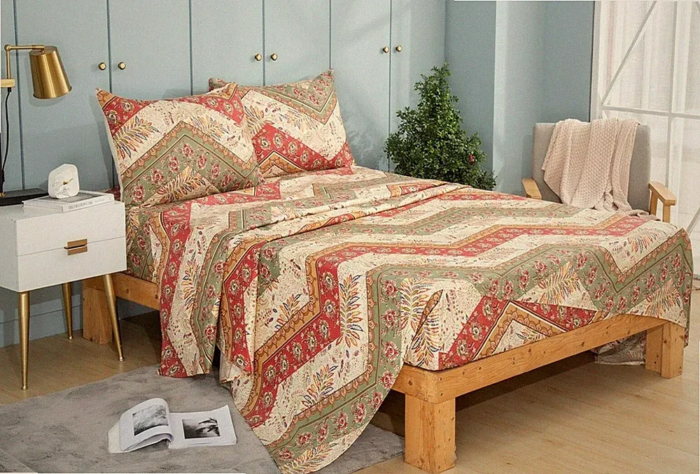 DaDa Bedding Botanical Cranberry Sage Chevron Floral Flat Sheet w/ Pillow Cases
